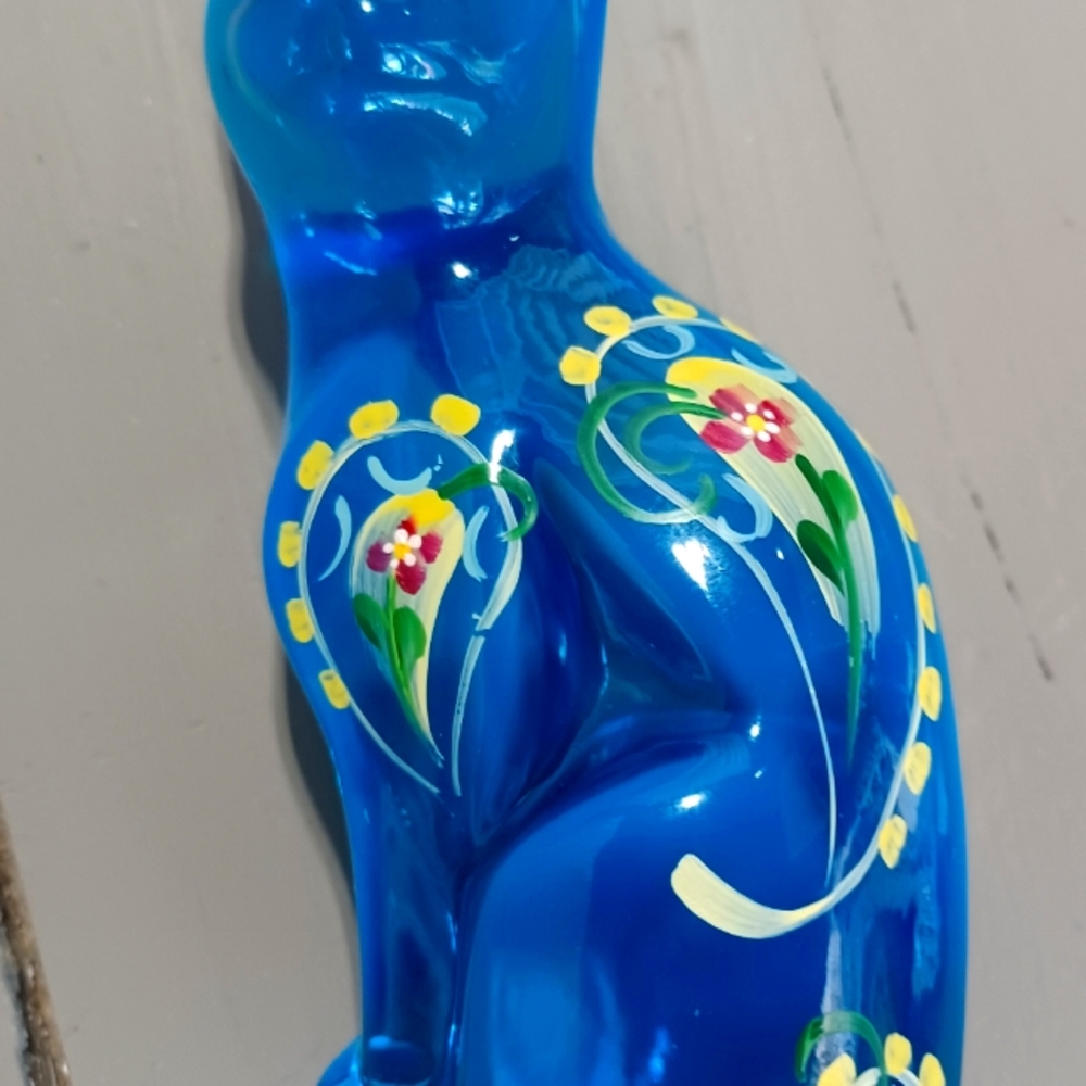 Fenton Blue Stylized Cat Hand Painted and signed